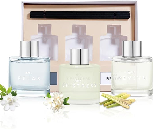 3 Pack Fragrance Reed Diffuser, 50ML Gardenia Jasmine Lemongrass Aromatherapy Diffuser Set with 12 Black Fiber Sticks,Air Freshener for Bedroom Bathroom Office - Bloomnest