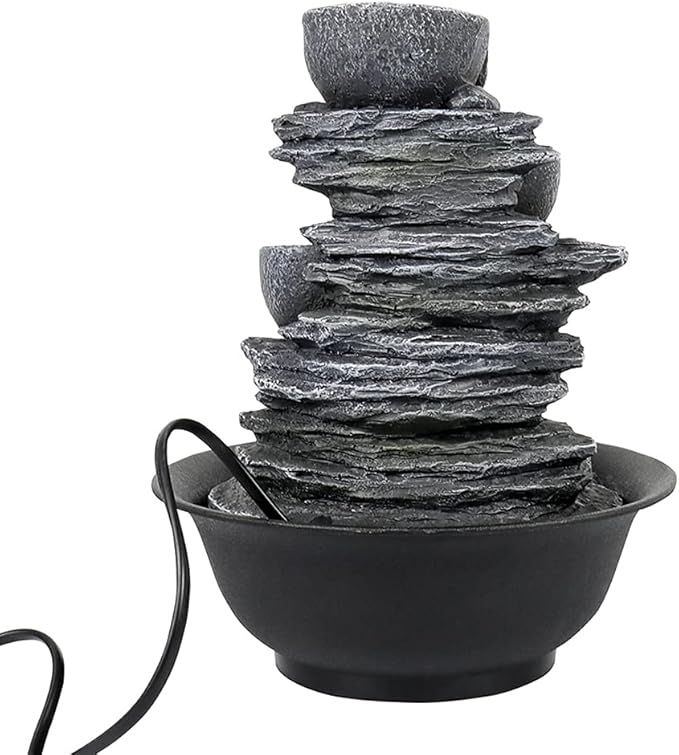 10.6” High Cascading Tabletop Fountain w/LED Light - 4-Tier Bowls Rock Water Fountains Indoor Small Relaxation Waterfall Feature for Home, Office and End Table Decoration (10.6" high, Gray) - Bloomnest