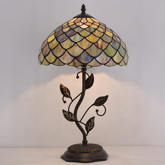 Tiffany Lamp Fish Scales Style Stained Glass Table Lamp Desk Bedside Reading Light 12X12X19 Inches with Metal Leaf Base Decor Bedroom Living Room - Bloomnest