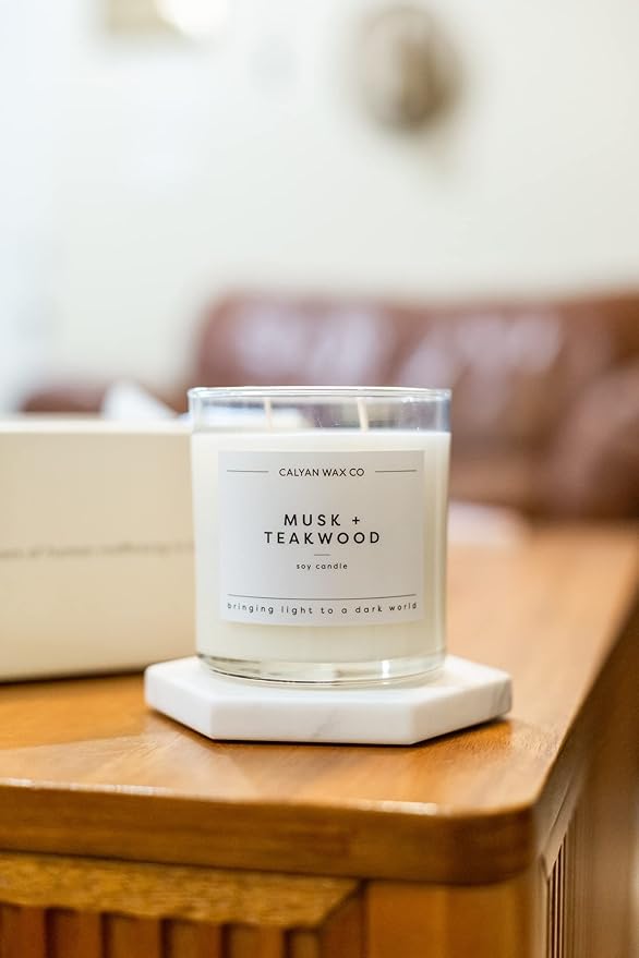 Calyan Wax Scented Candle, Musk & Teakwood Candle for The Home Scented with Essential Oils, Soy Wax Aromatherapy Candles in Glass Jar with 37 Hour Burn Time, Non Toxic Candles Gifts, 8.8oz - Bloomnest