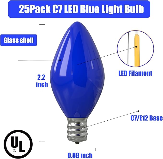 SUNSGNE C7 LED Blue Replacement Christmas Light Bulbs, 0.6W LED E12 Candelabra Base Bulbs - Great for Christmas Outdoor String Lights, Salt Lamp, Night Lights, Decorative Lights, Pack of 25 - Bloomnest