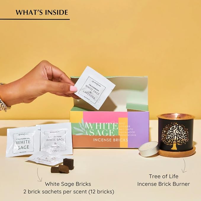White Sage Incense Brick Gift Set by Aromafume | 12 Bricks & Tree of Life Exotic Burner | White Sage with Rose, Lavender, Palo Santo, Sandalwood, Frankincense | Sage for Cleansing, Smokeless Smudging Aromafume