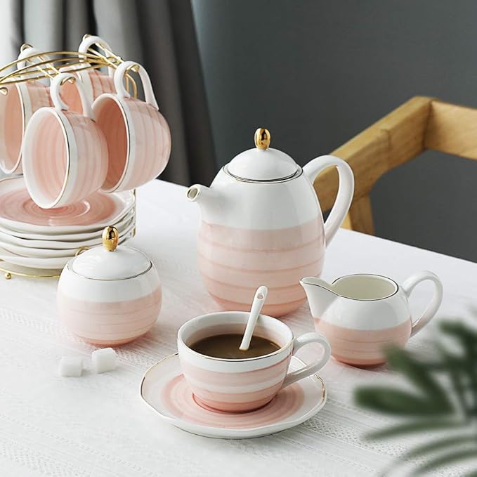 Sweejar Porcelain Tea Sets, 8 OZ Cups & Saucer Service for 4, Teapot Sugar Bowl Cream Pitcher Teaspoons and Tea Strainer for Adult Tea Coffee Afternoon Party (Pink) - Bloomnest