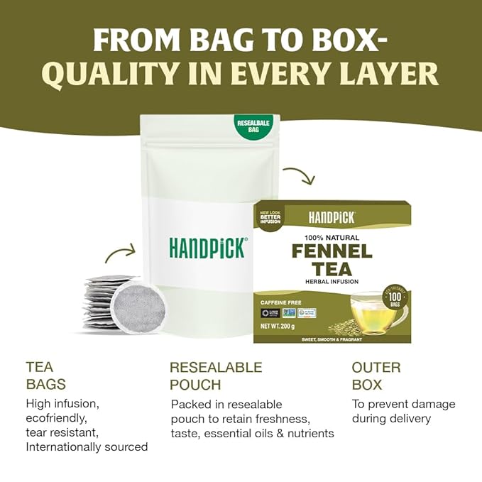 HANDPICK Fennel Seed Tea Bags (100 Count), Authentic Indian Origin with Natural Aroma & Sweetness | Naturally Support Digestion & Immune System | 100% Pure, Non GMO & Caffeine Free - Bloomnest