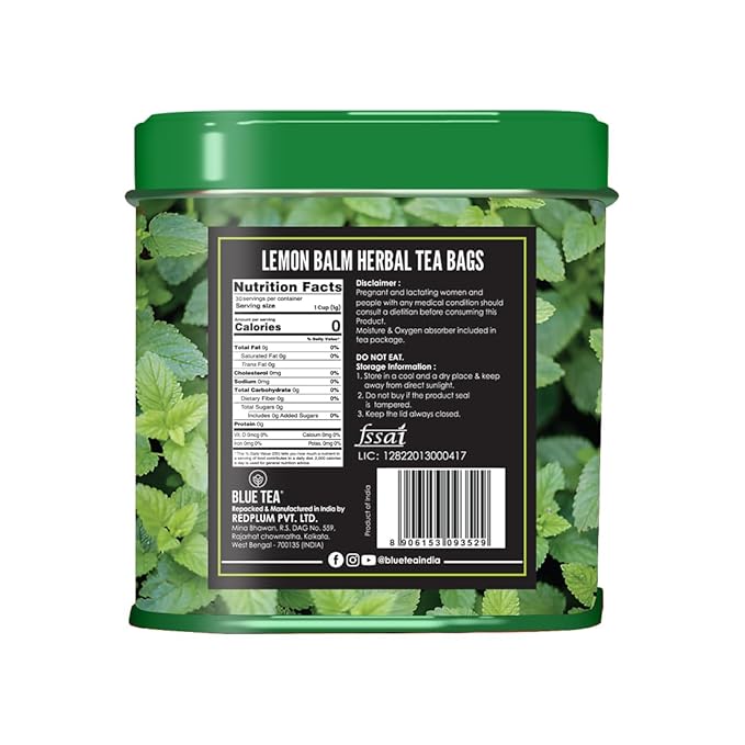 BLUE TEA - Lemon Balm Tea - 30 Count - Pyramid Plant Based Tea Bag | RELIEVES STRESS - IMPROVES DIGESTION | Reduces Bloating | Refreshing Citrus Flavour - Leaf Based - Caffeine Free | Tin Pack - Bloomnest