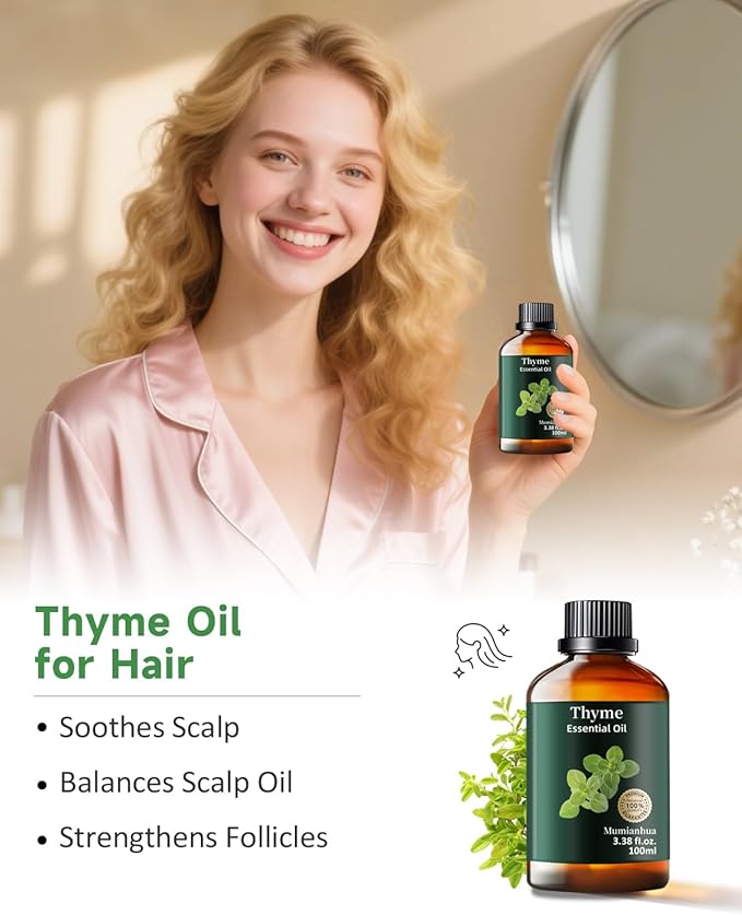 Pure Thyme Essential Oil, Mumianhua Natural Thyme Oil for Diffuser Aromatherapy, Hair Care, Skin, Massage, Soap,Candle Making, Protective Atmosphere, Outdoor Defense, Herbaceous Strength 3.38 Fl Oz - Bloomnest