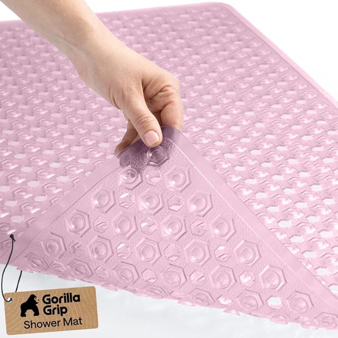 GORILLA GRIP Patented Bath Tub Shower Mat, Machine Washable Bathtub Floor Liner Mats, Suction Cups and Drain Holes to Keep Tubs Clean, Soft on Feet, Bathroom Essentials, 35x16 Inch, Clear Light Pink - Bloomnest