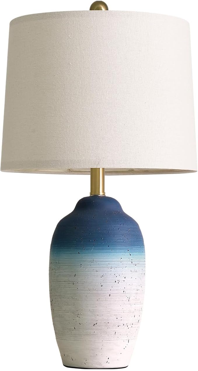 24.5" Vintage Ceramic Table Lamp - Single Farmhouse Rustic Bedside Lamp with Natural Textured Finish, Nightstand Lamps for Living Room, Bedroom, End Table, Office White and Blue - Bloomnest