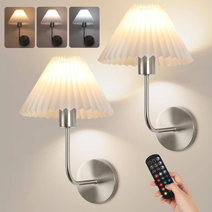 Wireless Wall Sconce Sets of 2, Pleated Shades Rechargeable Battery Operated Wall Sconce, Retro Industrial Brushed Nickel Bathroom Vanity Lights, Wall Mounted Lamps for Bedroom Living Room Hallway - Bloomnest