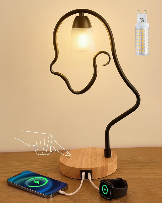 Touch Unique Table Lamp, Creative Cute LED Desk Lamp with USB C+A Ports, 3-Way Dimmable Nightstand Bedside Lamps, for Home Decor & Gifts, Kids Reading, Living Room, Office (Bulb Included) - Bloomnest