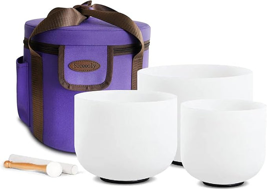 Set of 3 Singing Bowls 8-12 inch 8"B 10"F 12"C Frosted Chakra Quartz White Crystal Sound Healing Crystal with 1 Travel Carry Case Bag 1 Mallet Suede 1 Striker 3 O-rings - Bloomnest