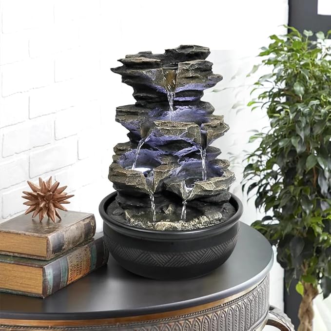 15.7" High Rock Cascading Tabletop Fountain, Zen Meditation Indoor Waterfall Feature with LED Light for Home Office Bedroom Relaxation - Bloomnest