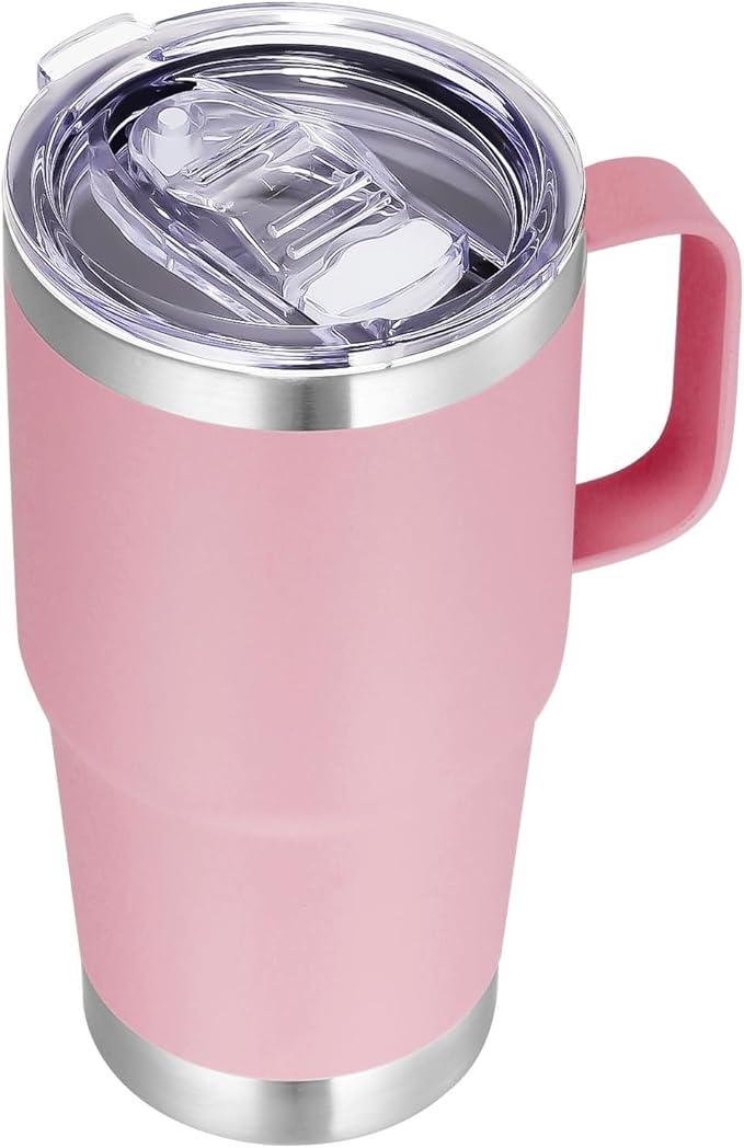VEGOND 20 oz Tumbler with Handle Lid and Straw, Stainless Steel Insulated Travel Coffee Mug Spill Proof Double Wall Metal Tumbler Cup Keeps Drink Hot and Cold, Pink 1 Pack - Bloomnest