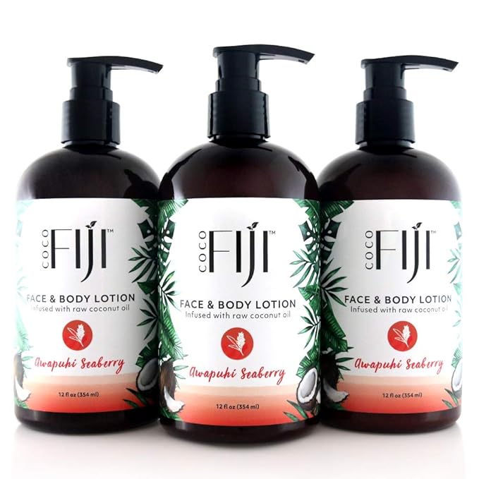 Coco Fiji Face & Body Lotion Infused With Coconut Oil | Lotion for Dry Skin | Moisturizer Face Cream & Massage Lotion for Women & Men | Awapuhi Seaberry 12 oz, Pack of 3 - Bloomnest