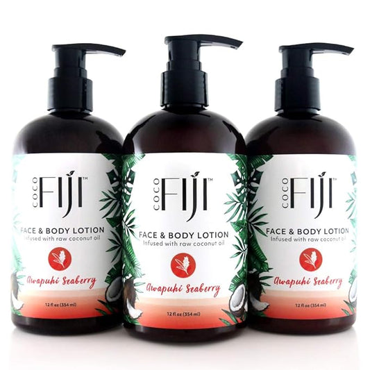 Coco Fiji Face & Body Lotion Infused With Coconut Oil | Lotion for Dry Skin | Moisturizer Face Cream & Massage Lotion for Women & Men | Awapuhi Seaberry 12 oz, Pack of 3 - Bloomnest