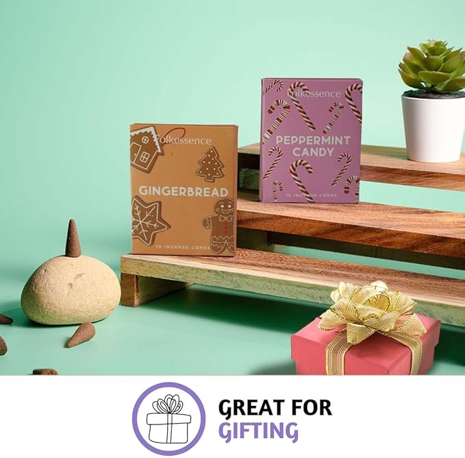 Folkulture Incense Cones for Waterfall | 20 Pc Incense Cone Scented | 2 Fragrance Cone-Insenses - Peppermint Candy & Gingerbread | Natural, Non Toxic | Christmas Inscents-Cones | Relaxing, Meditation