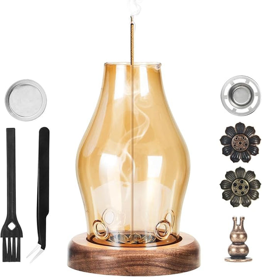 Glass Incense Holder for Sticks, Wooden Incense Stick Holder with Ash Catcher, Modern Insence-Stick Holder, Multi-Functional No Mess Incent Holder for Yoga Spa Meditation Home Zen Decor (Amber) - Bloomnest