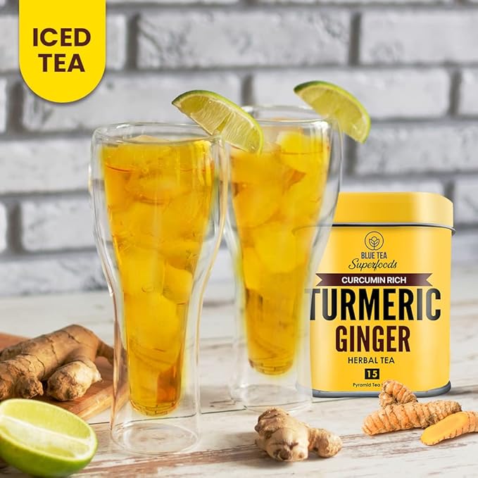 BLUE TEA - Turmeric Ginger Tea - 15 Count - Pyramid Plant Based Tea Bag | CURCUMIN RICH - HERBAL BLEND | Herbal Tea - Caffeine Free - Non-GMO - Vegan - Earthy Flavor - Healthy | Reusable Tin Pack - Bloomnest