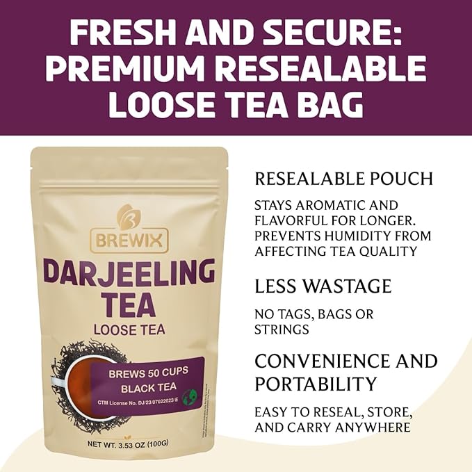 BREWIX, Darjeeling Tea Leaves from Hills of Himalayas (50+ Cups, 3.53oz/100g) | Pure Loose Leaf Darjeeling Black Tea | Long Leaf Grade | Straight From Source In India - Bloomnest