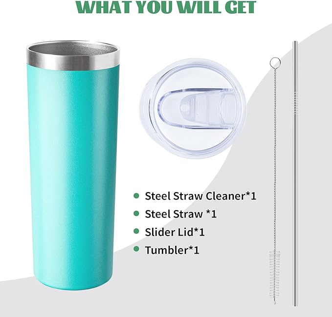20 oz Skinny Tumbler with Lid and Straw,Stainless Steel Vacuum Insulated Tumbler Cup Double Wall Leak-proof Coffee Mug,Travel Thermal Water Tumbler for Home,Office,Outdoor(Teal,1)