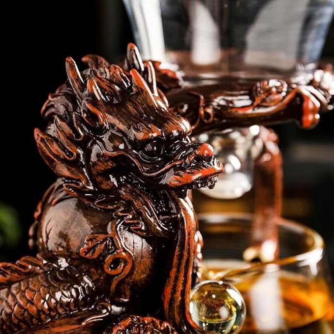 Glass Teapot Set with Infuser Semi Automatic Dragon Tea Set with 6 Small Cups (red dragon) - Bloomnest