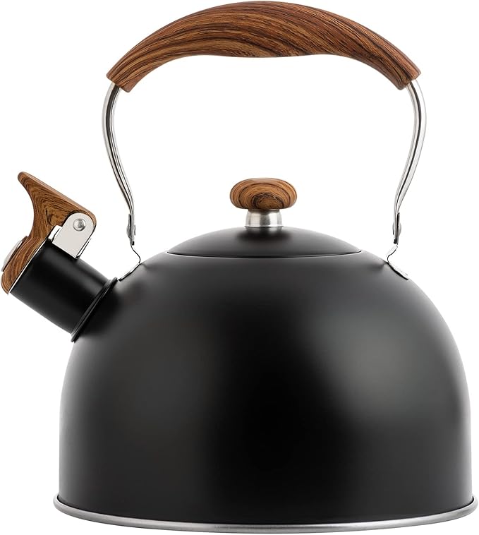 Whistling Tea Kettles with Wood Grain adjustment Nylon Handle, 2.3 Quart Capacity with Capsule Base Tea Kettle, Black - Bloomnest