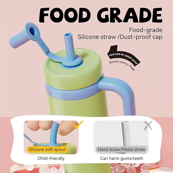Drinking Cup With Whale Squirt, 24oz Whale Water Bottle with Handle, Insulated Stainless Steel Whale Water Cups With Two Silicone Soft Tip, Leak-Proof Whale Fountain Bottle for Kids Teens (Pink) - Bloomnest