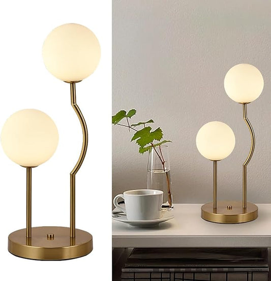Mid Century Gold Globe Table Lamp 2-Light Orb Modern Beside Desk Table Light with Milk White Glass Shade Metal Base Nightstand Lamp for Bedroom Bedside - Bloomnest