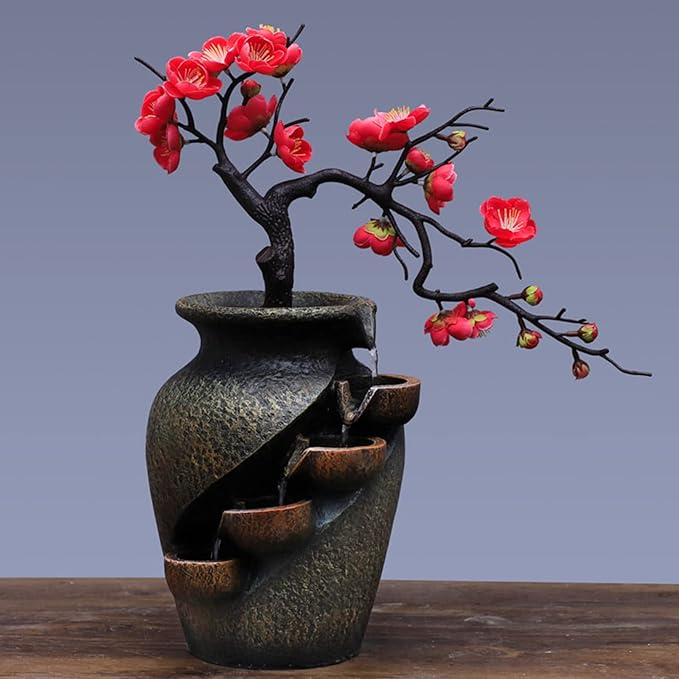 16" Flower Ornament Vase Decorative Bonsai Mini Tabletop Waterfall Fountain Indoor with Water Flow & Artificial Bouquet, Desktop Water Fountains Restaurant Coffee Home Decor or Festival Birthday Gift - Bloomnest