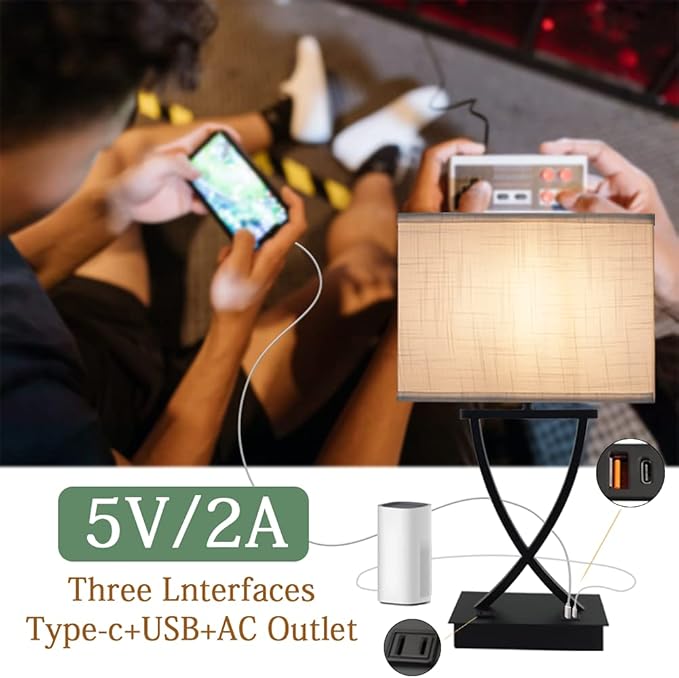 3-Way Dimmable Touch Control Medium Table Lamp with Type C/USB Charging Port and 1 AC Outlet White Shade 21.38" Bedside Nightstand Lamp for Bedroom Living Room Office and Hotel Bulb Included - Bloomnest