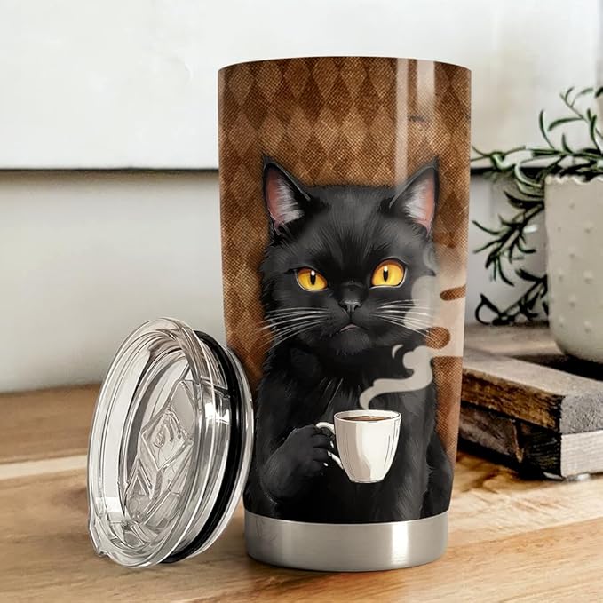 Black Cat Tumbler 20oz Stainless Steel Insulated Coffee Travel Mug Cup for Men Women on Birthday Christmas - Bloomnest
