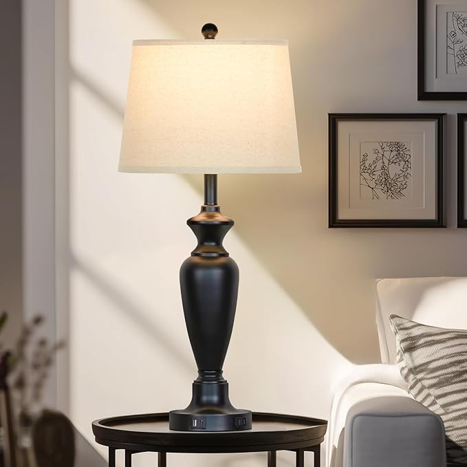 30" Tall Black Table Lamp, 3-Way Dimmable Touch Control Bedside Lamp with USB A+C & AC Outlet for Bedroom, Living Room (1 Pack) - Bloomnest