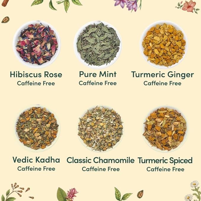 VAHDAM, Assorted Herbal Tea Variety Pack (6 Variants, 36 Tea Bags) Caffeine Free, Gluten Free, Non GMO | Eco Friendly Long Leaf Pyramid Tea Bags I Tea Gift Sets for Men and Women - Bloomnest