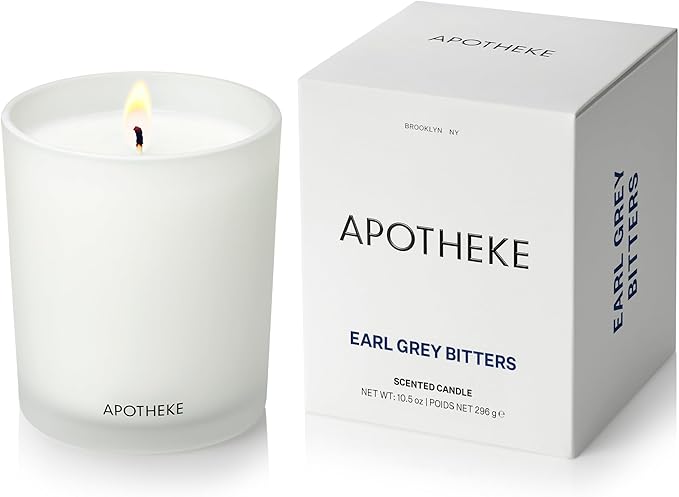 Apotheke Signature Scented Candles for Home, Earl Grey Bitters - 10.5 oz - Soy Wax, Non Toxic, Large Jar White - Luxury Candle Gifts for Women & Men - Bergamot, Peony, and Lemon - Bloomnest
