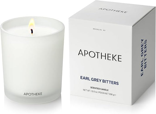Apotheke Signature Scented Candles for Home, Earl Grey Bitters - 10.5 oz - Soy Wax, Non Toxic, Large Jar White - Luxury Candle Gifts for Women & Men - Bergamot, Peony, and Lemon - Bloomnest