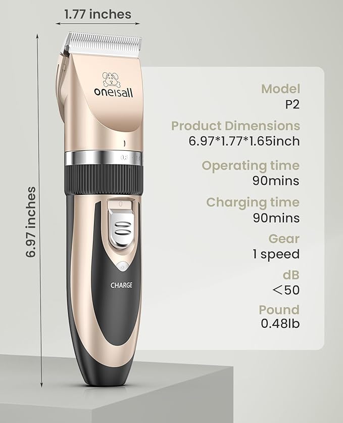 oneisall Dog Clipper Low Noise, Dog Grooming Kit with Rechargeable, Pet Shaver Cordless Electric Quiet Hair Clipper Set for Dogs Cats Pets（Gold） - Bloomnest