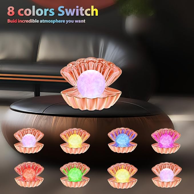 Shell Pearl Beach Themed Night Light, RGB 8 Colors Changing Mood Shell Pearl Lamps, Bedside LED Clamshell Portable Night Lights for Bar (Electroplated Rose Gold) - Bloomnest