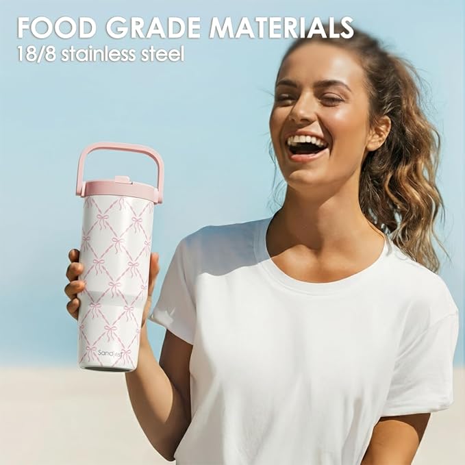 SANDJEST Bow Stainless Steel Straw Lid Tumbler 30oz with Carry Handle for Women Girls, Insulated Travel Coffee Cup, Gift for Sports Outdoor Workout Christmas Birthday - Bloomnest