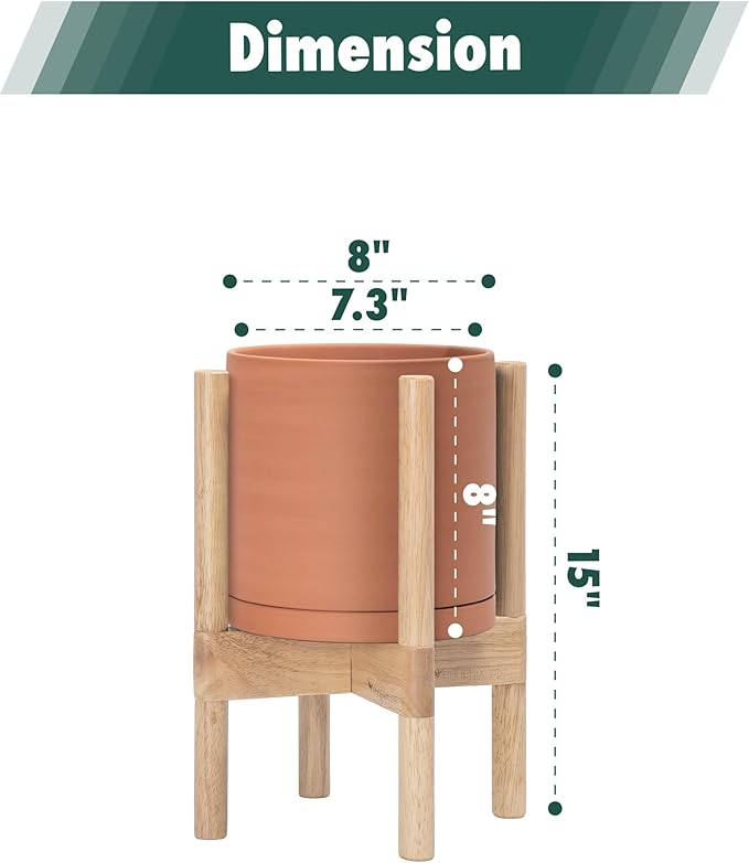 D'vine Dev Terracotta Planter with Natural Stand - 8 Inch Modern Round Flower Pot with Wood Planter Holder, Terracotta, 55-B-N-5 - Bloomnest