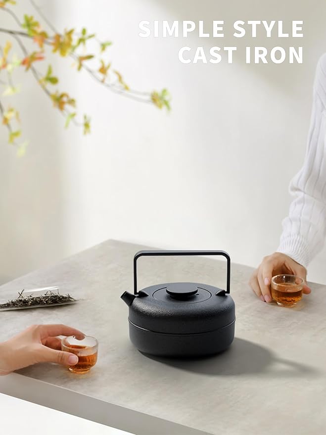 Toptier Teapot with Removable Infuser, Cast Iron Tea Kettle Stovetop Safe, Solid Geometry Cylinder Design Tea Pot Coated with Enameled Interior for 27 Ounce (800 ml), Black - Bloomnest