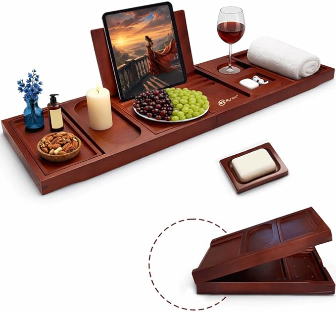 Bathtub Tray & Bath Tray for Tub – Expandable Bamboo Bath tub Tray, Bathtub Caddy, Adjustable Foldable Waterproof Bath Trays for tub with Phone, Wine Glass, Book & Tab Holder (Free Soap Dish) - Bloomnest