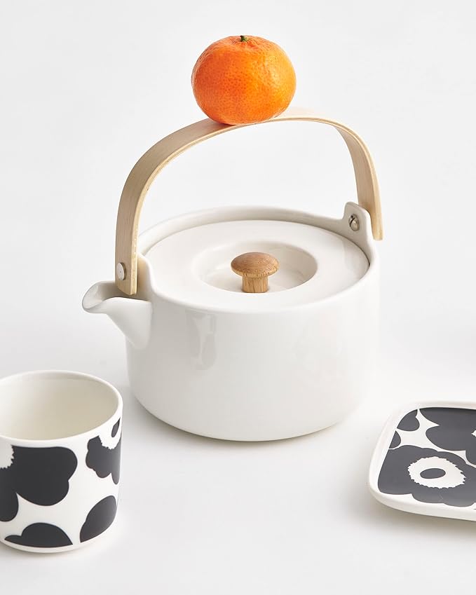 MARIMEKKO Oiva Stoneware Teapot — Refine Your Kitchen Décor with Our Iconic White Stoneware — Stylish & Classic Ceramic Teapot with Tea Infuser Lid (26.63 oz) - Bloomnest