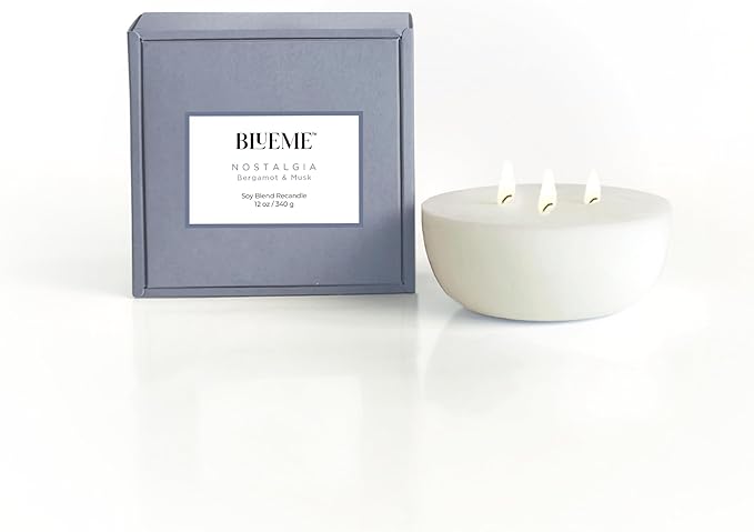 New BLUEME Wellness Candle Wax Refill, Contains Essential Oil, Sustainable, Hand Finished, Hand Poured, Premium, Luxury Ceramic, Natural Cotton Wick (12oz, Bergamot & Musk) - Bloomnest