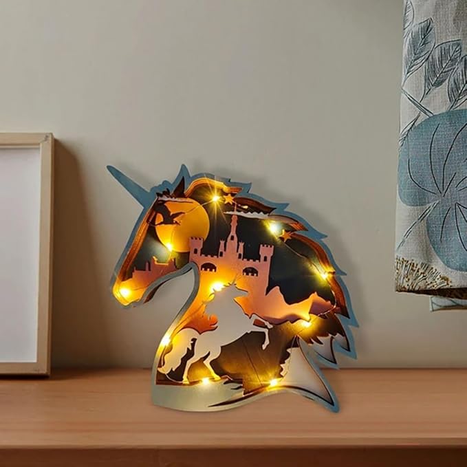 Drawelry 3D Wood Carving Animals Lamp Home Decorative, Cute Bear Family Elephant Presents Ideas Christmas Living Room Office Decor Warm LED Night Lights Gift for Friend Daughter Son Mom Dad (Unicorn) - Bloomnest