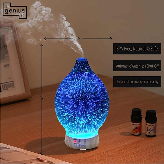 Aromatherapy Essential Oil Diffuser for Therapeutic Oils, w/ 3D Glass Vase | Cool Mist Difusor for Bedroom | LED Color Light Display & Auto Shut-Off | Humidifier, Fragrance Machine for Home & Dorm Use Bloomnest