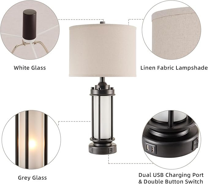 Set of 2 Modern Table Lamps for Living Room Bedroom, 25'' Black Retro Industrial Metal Lamp with Glass Nightlight, Contemporary Desk Lamp for Bedside End Table Office, 4 Bulbs Included - Bloomnest
