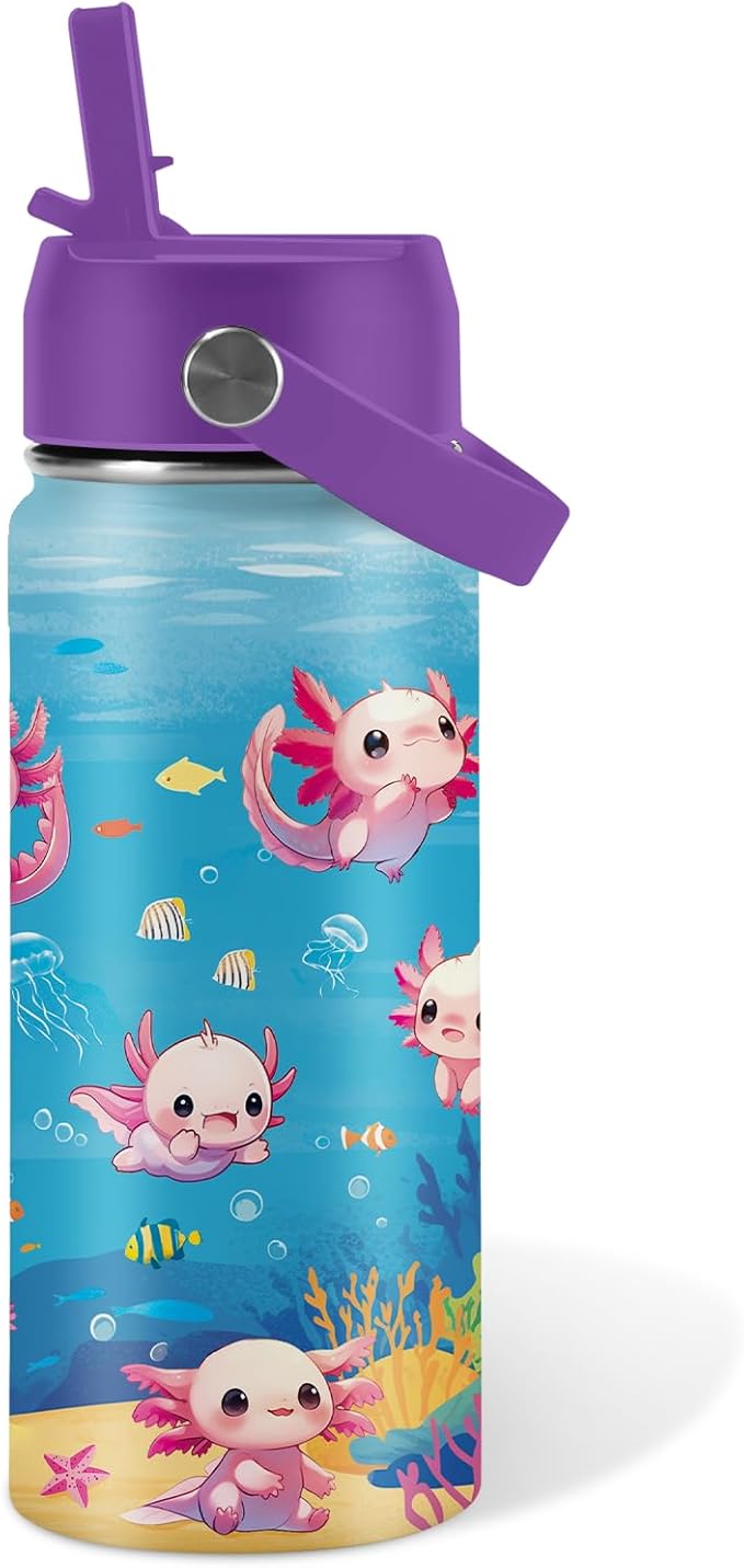 Axolotl Gifts for Girls 16 oz Kids Water Bottle with Straw Lid, Stainless Steel Insulated Tumbler, Leak Proof, BPA-Free,Adorable Ocean Animal Mug Cup for Sports,Travel Children Birthday Gifts (1pc) - Bloomnest