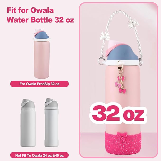 Water Bottle Accessories Set for Owala FreeSip 24oz、32 oz– Includes Pearl Handle Strap, Bow Charms,2.9in .3inch Silicone Bling Boot for Owala Accessories for Women Bloomnest