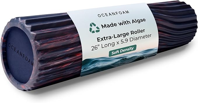 Oceanfoam Tsunami Roller (Dark Navy, Red & Natural Marbled) - Soft, Textured Foam Roller for Physical Therapy, Back Pain, Yoga, Exercise & Stretching - Wave Textured - Extra-Large 26" x 5.9"