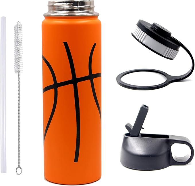 22 oz Basketball Water Bottle, Sports Flask Metal Travel Tumbler with 2 Lids, Stainless Steel Double Wall Vacuum Insulated Thermo Water bottles, Basketball Accessories Stuff Gifts for Mom Boys Girls - Bloomnest